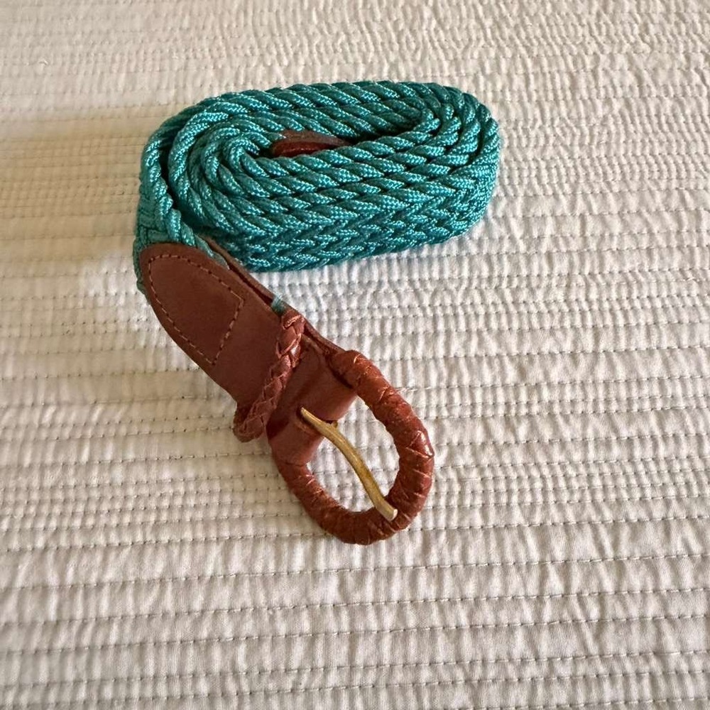 Honors Vintage Teal Braided Cord Belt Brown Leather Trim Made in USA